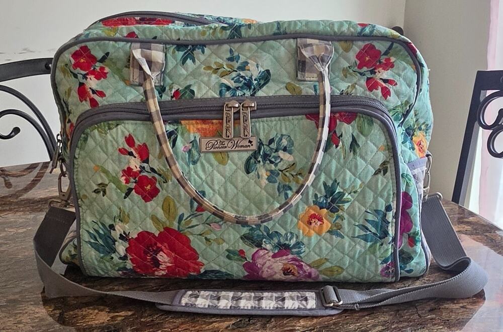 Pioneer Woman Floral Quilted Weekender Travel Bag Aqua Gingham Shoulder Strap